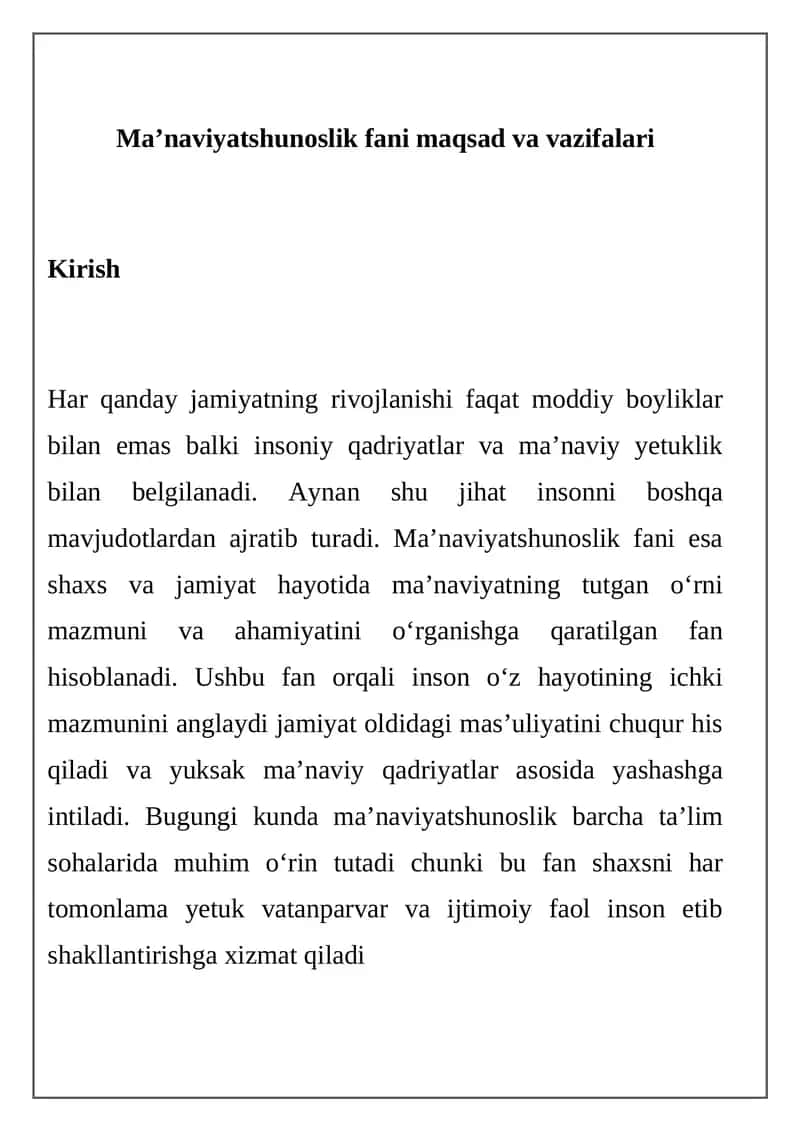 Ma’naviyatshunoslik fani maqsad va vazifalari