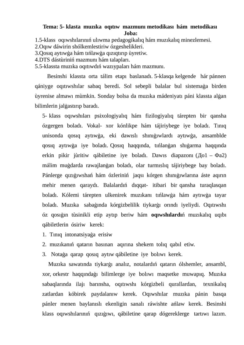 5- klasta muzıka oqıtıw mazmunı metodikası hám metodikası