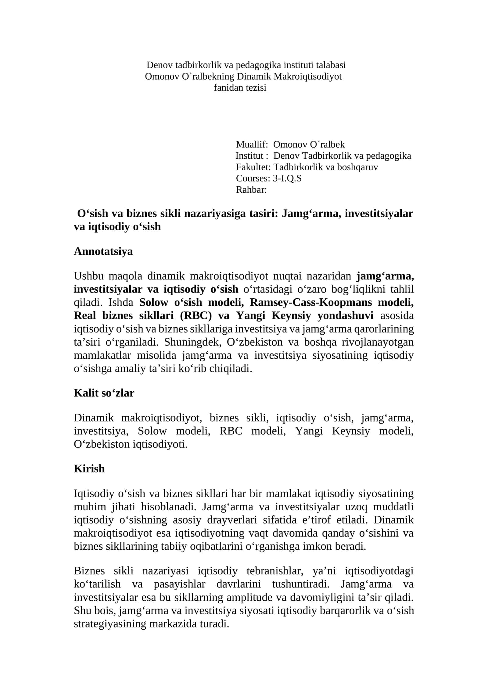 Dinamik Makroiqtisodiyot faniga tezi
