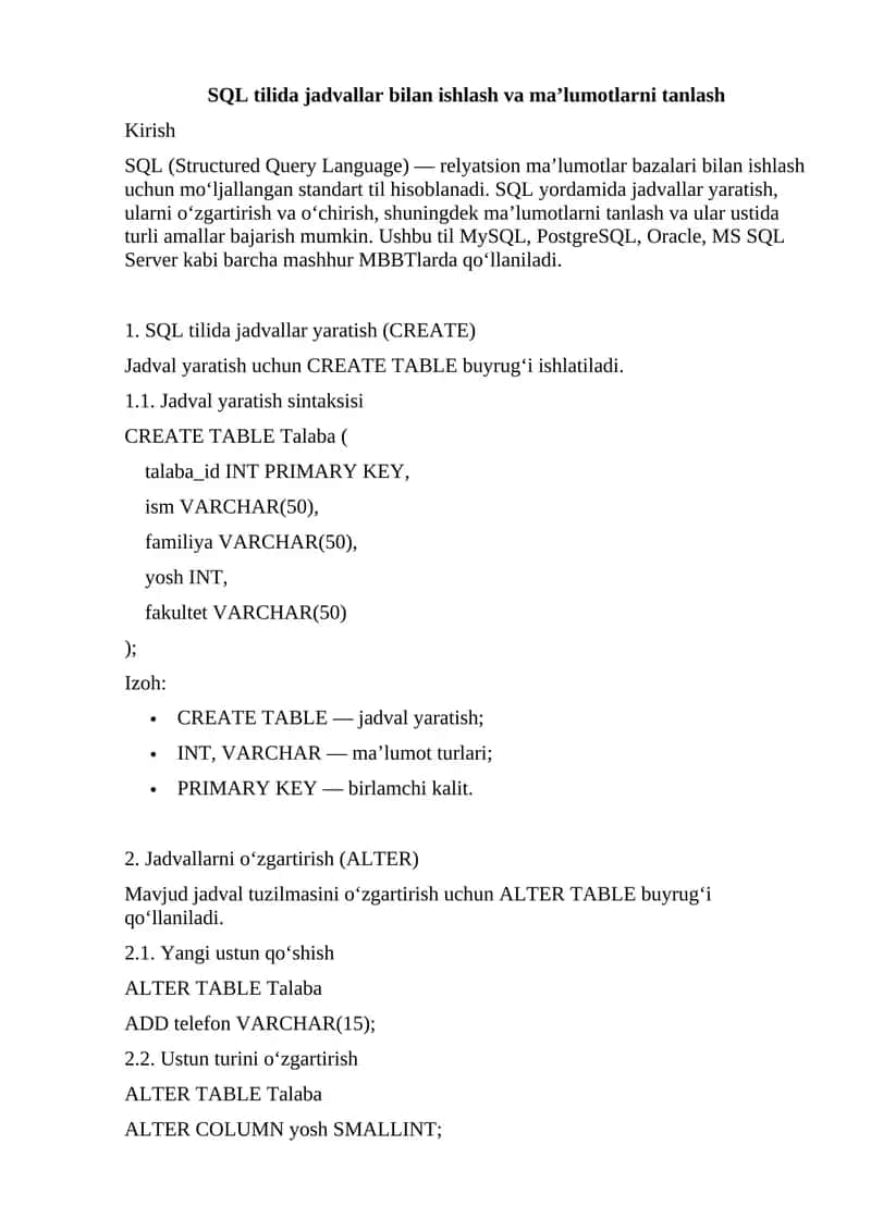 SQL tilida jadvallar bilan ishlash va ma’lumotlarni tanlash