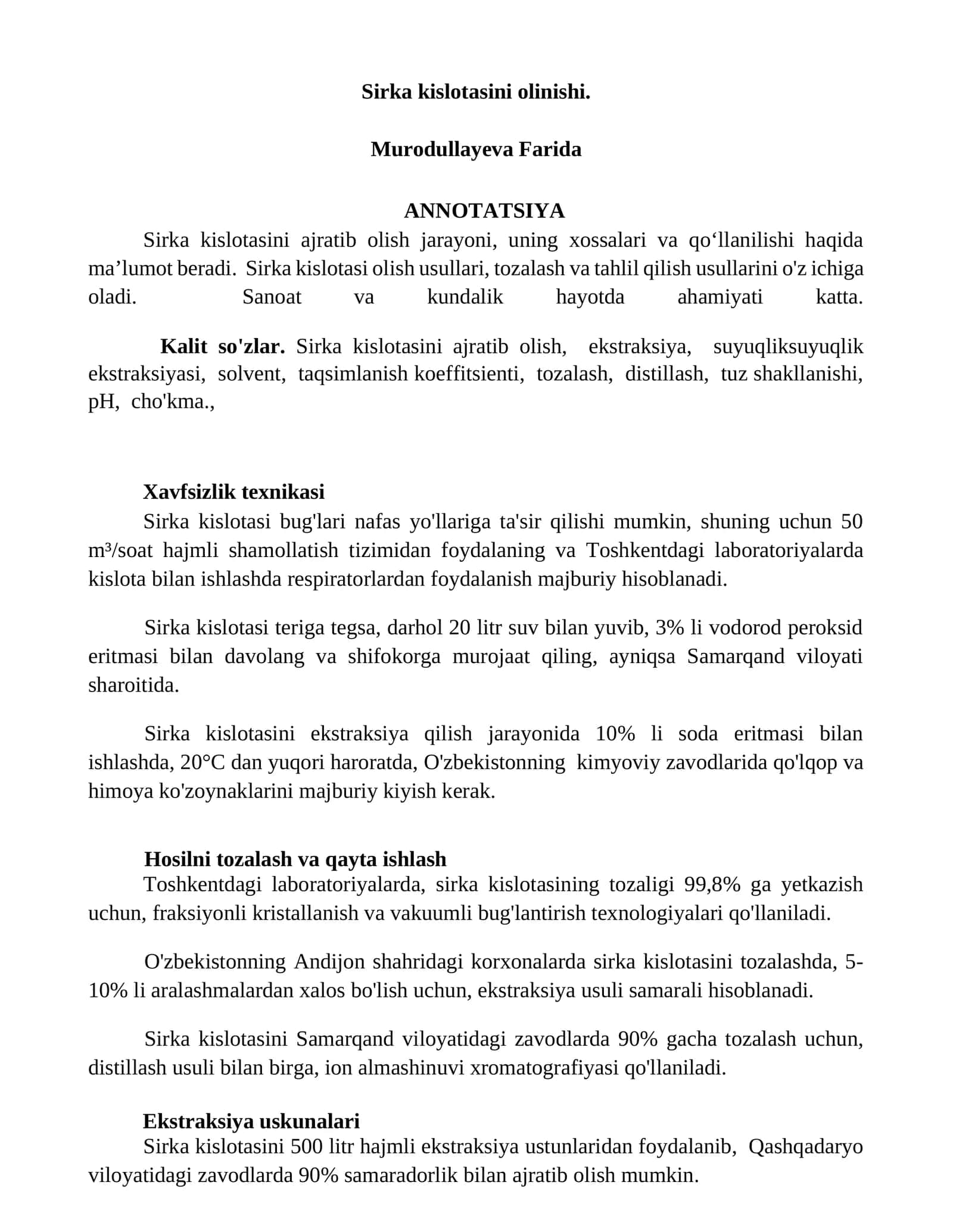 Sirka kislotasini olinishi