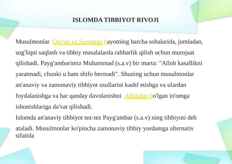 ISLOMDA TIBBIYOT RIVOJI