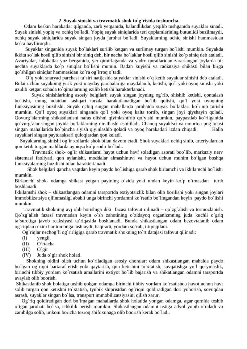 Suyak sinishi va travmatik shok to`g`risida tushuncha
