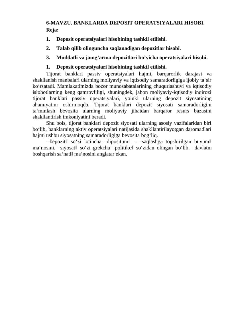 BANKLARDA DEPOSIT OPERATSIYALARI HISOBI
