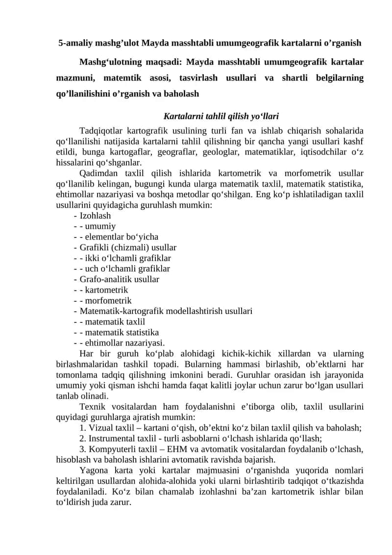 Mayda masshtabli umumgeografik kartalarni o’rganish