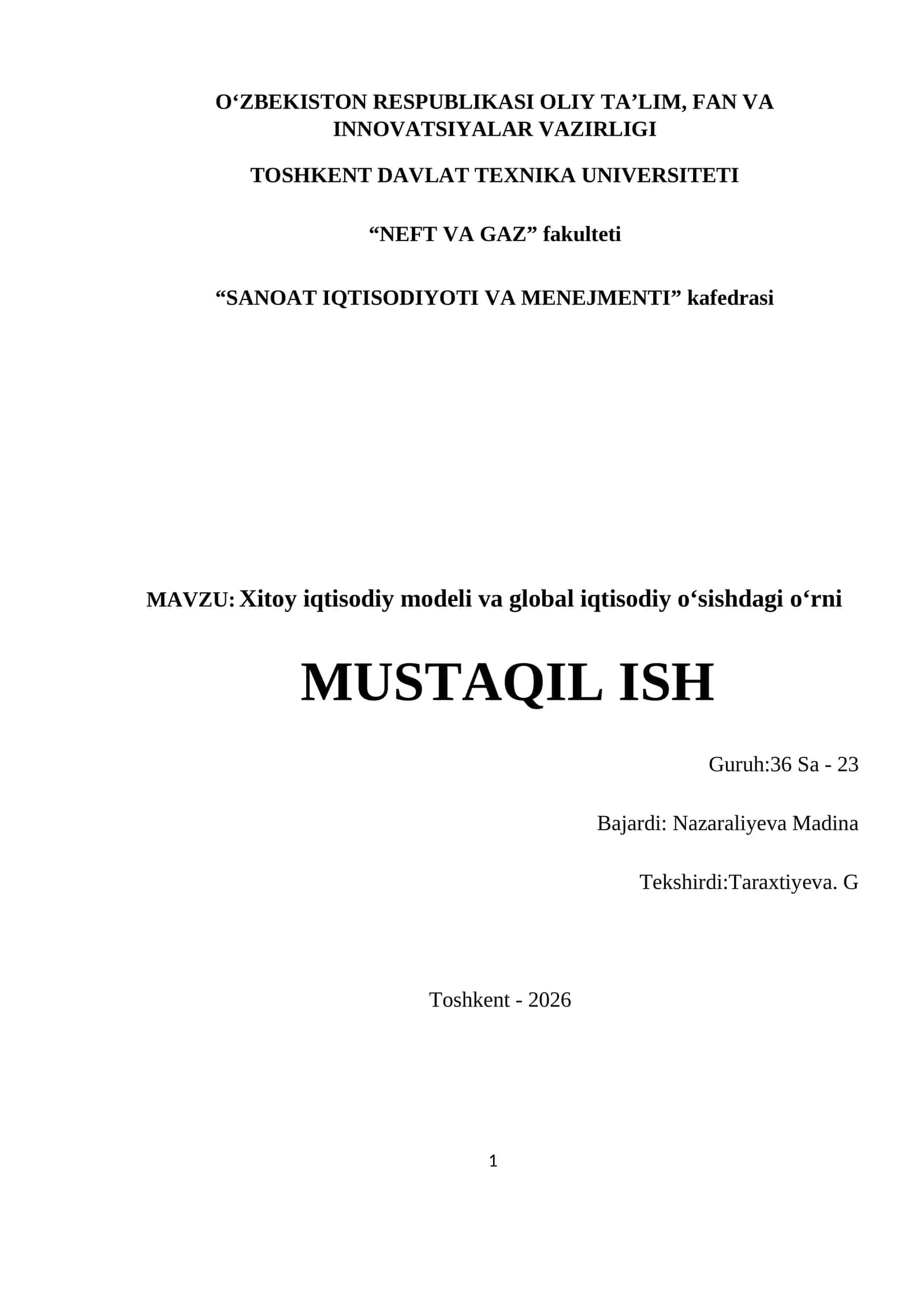 Xitoy iqtisodiy modeli va global iqtisodiy oʻsishdagi oʻrni