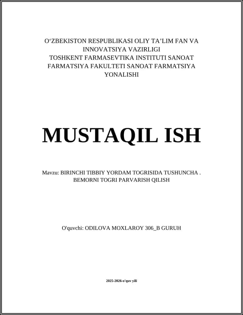 TIBBIY YORDAM TOGRISIDA TUSHUNCHA. BEMORNI TOGRI PARVARISH QILISH