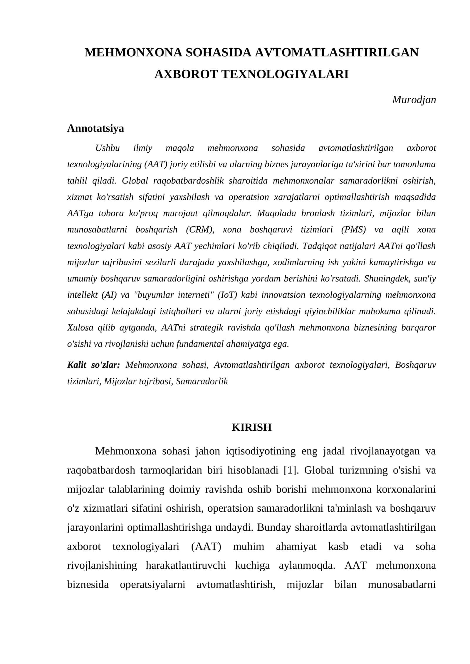 MEHMONXONA SOHASIDA AVTOMATLASHTIRILGAN AXBOROT TEXNOLOGIYALARI