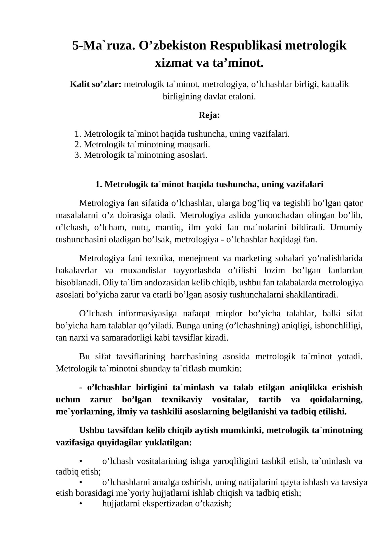 O’zbekiston Respublikasi metrologik xizmat va ta’minot.