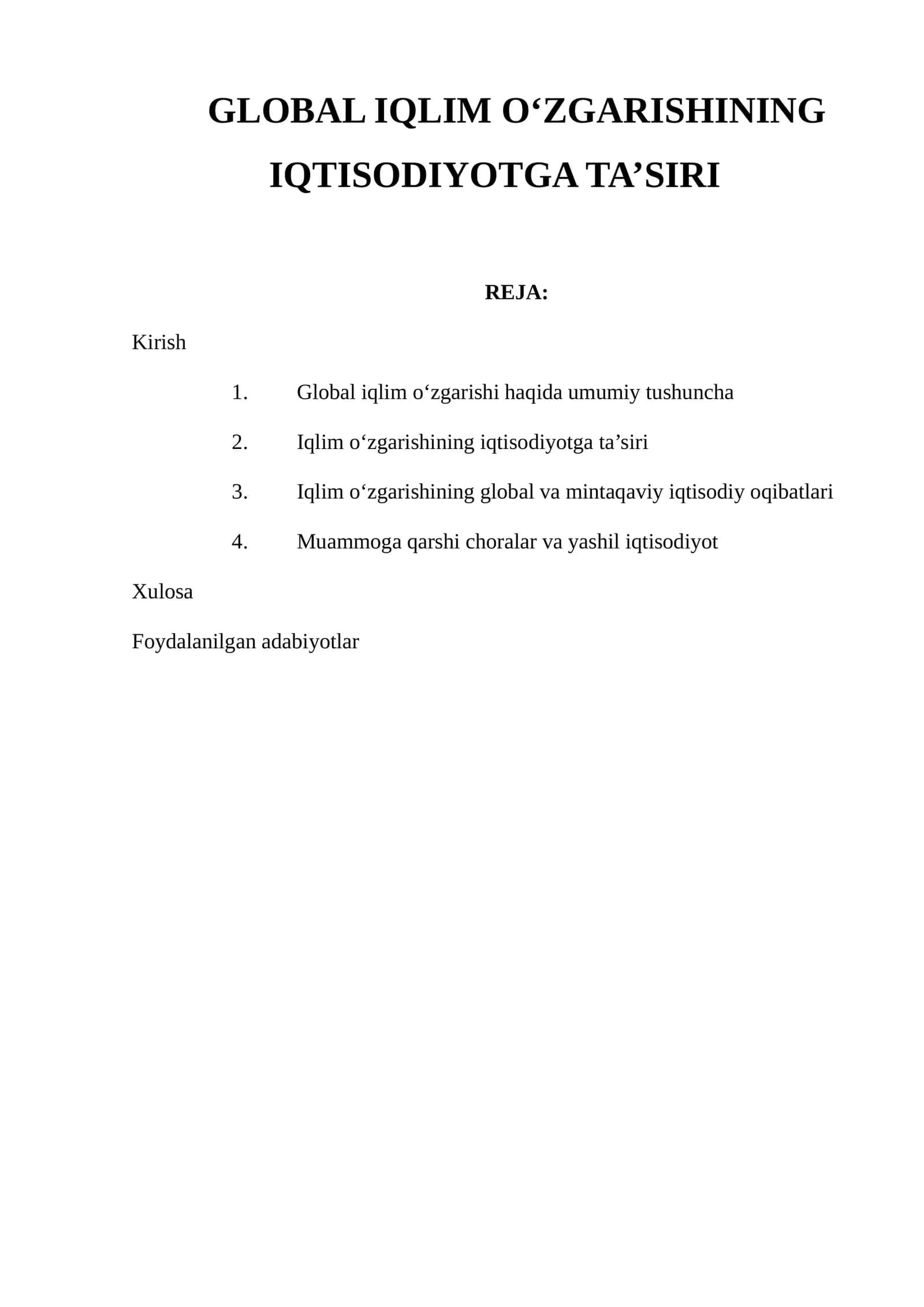 GLOBAL IQLIM O‘ZGARISHINING IQTISODIYOTGA TA’SIRI