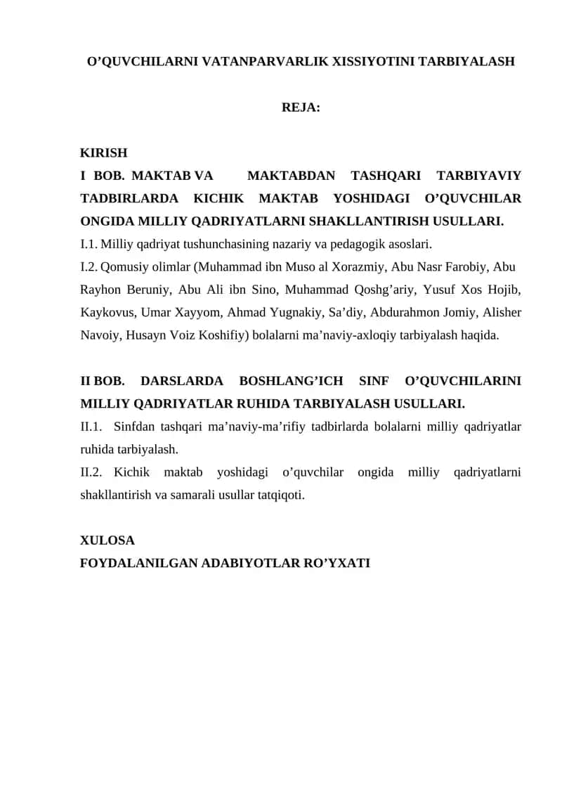 "O’QUVCHILARNI VATANPARVARLIK XISSIYOTINI TARBIYALASH"