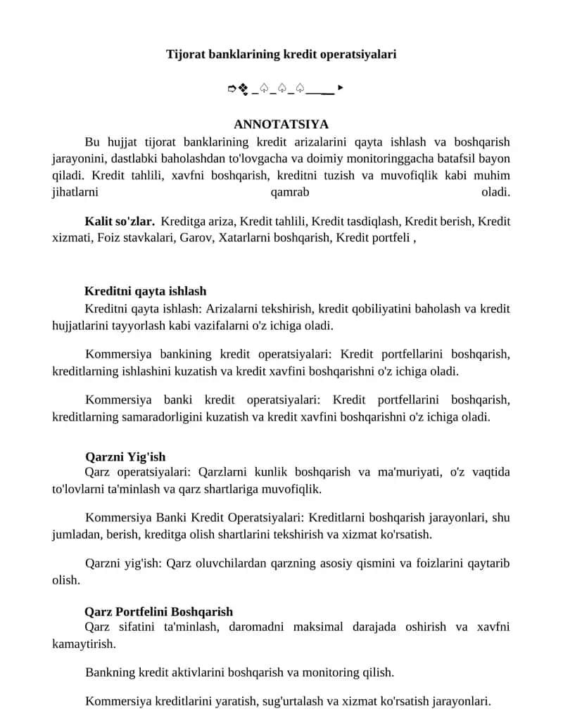 Tijorat banklarining kredit operatsiyalari