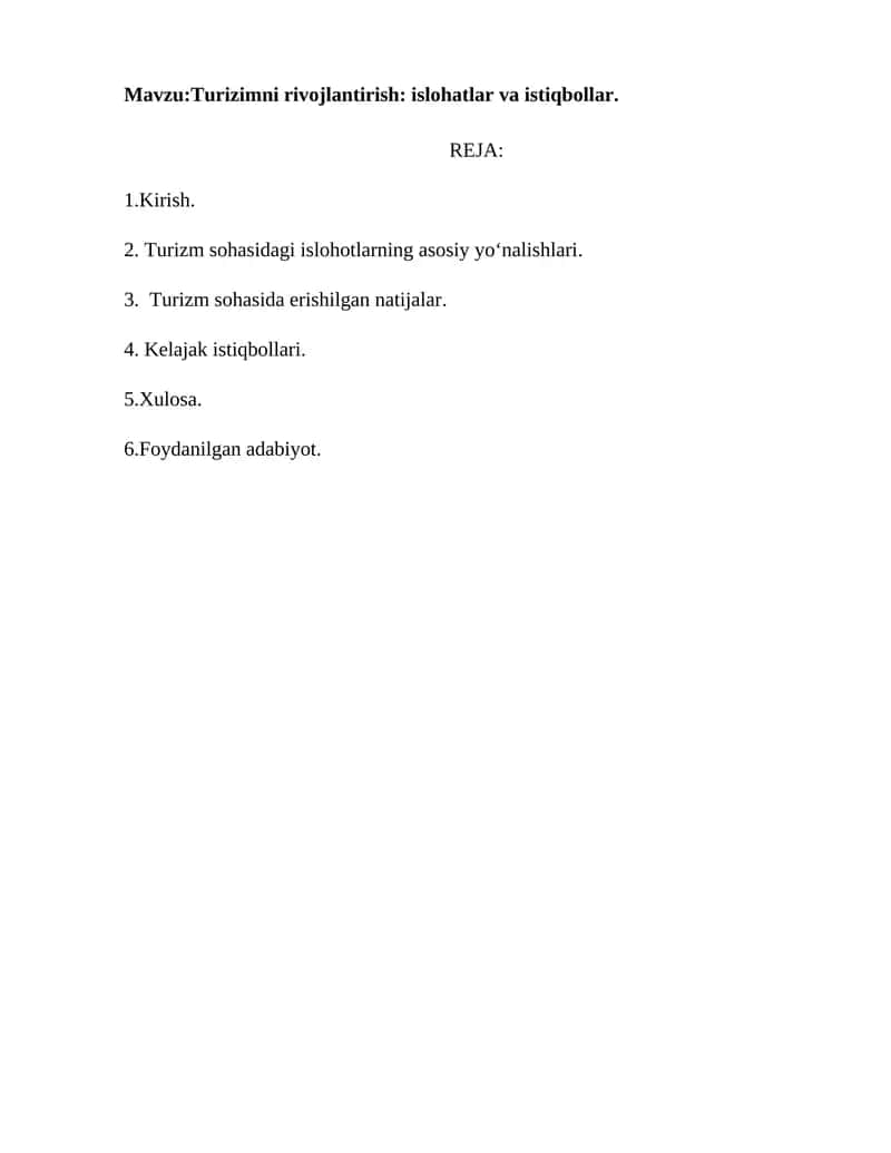 Turizimni rivojlantirish: islohatlar va istiqbollar
