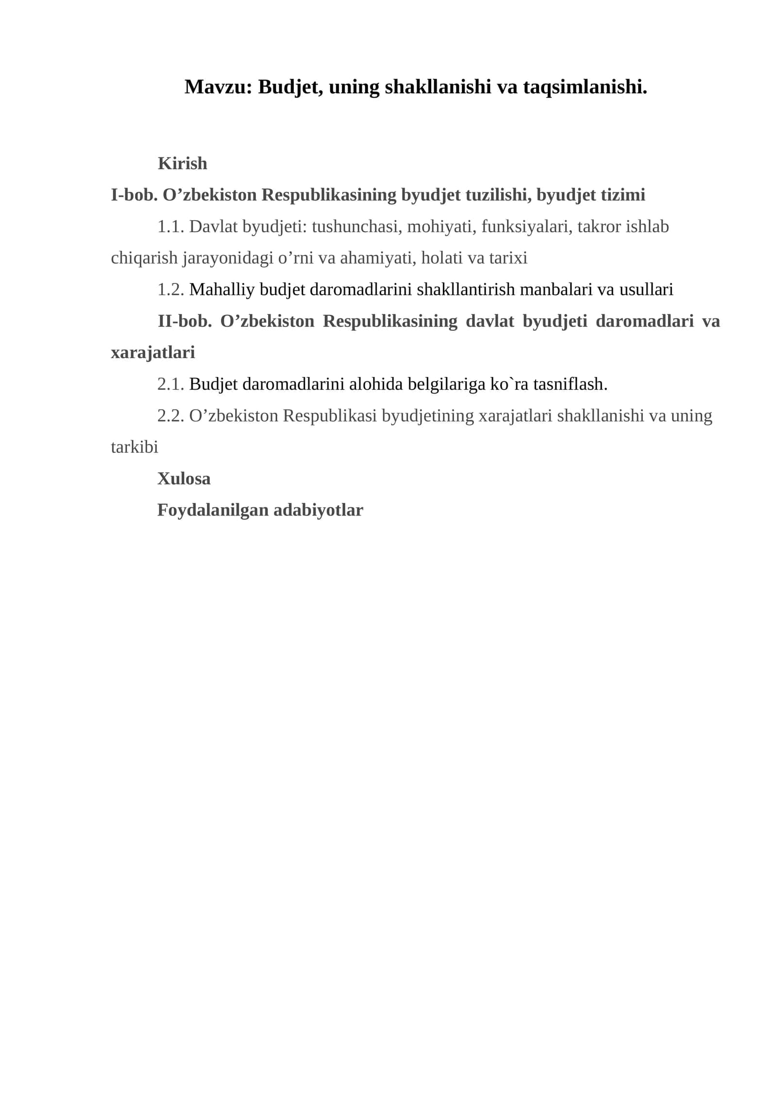 Budjet, uning shakllanishi va taqsimlanishi