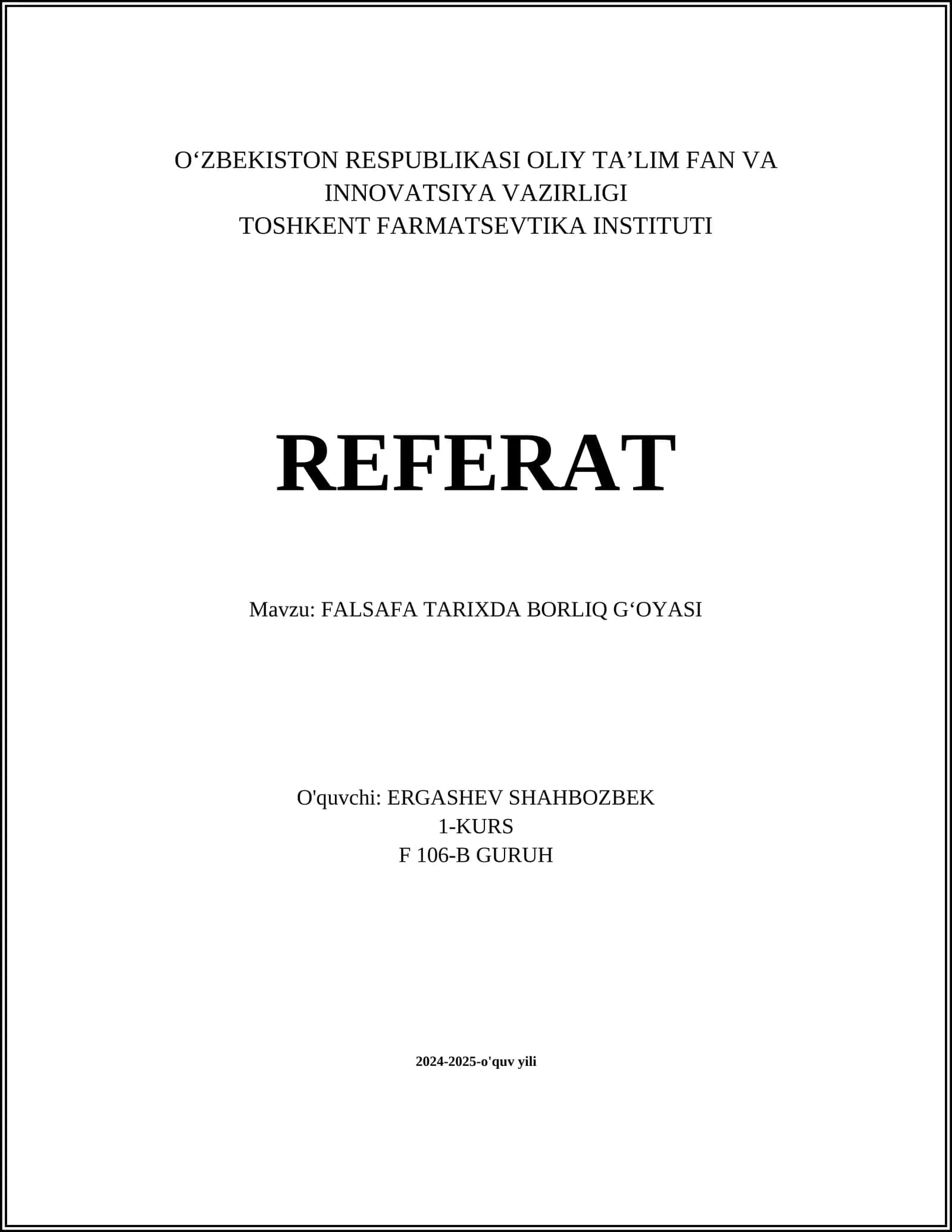 FALSAFA TARIXDA BORLIQ GʻOYASI