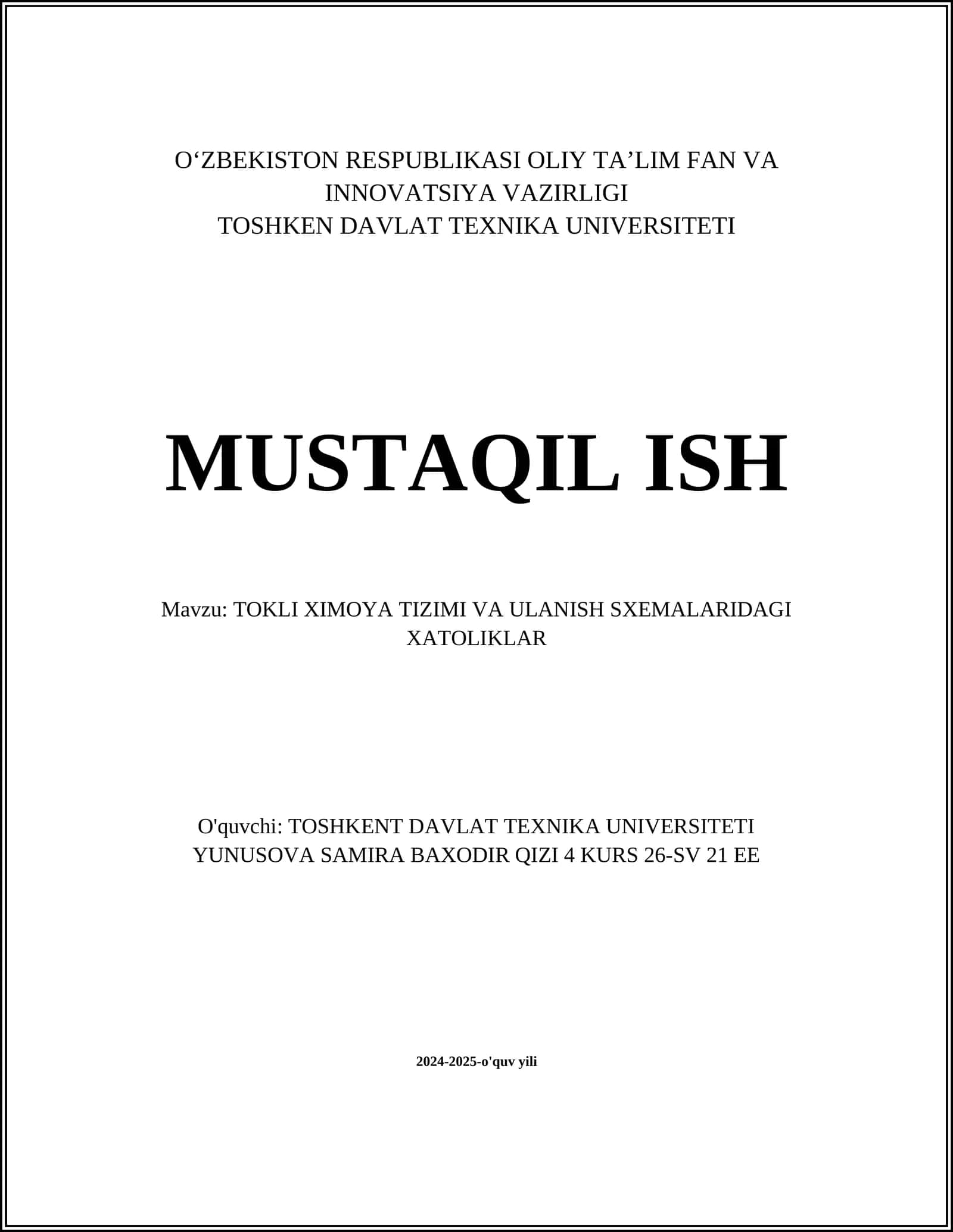 TOKLI HIMOYA TIZIMI VA ULANISH SXEMALARIDAGI XATOLIKLAR