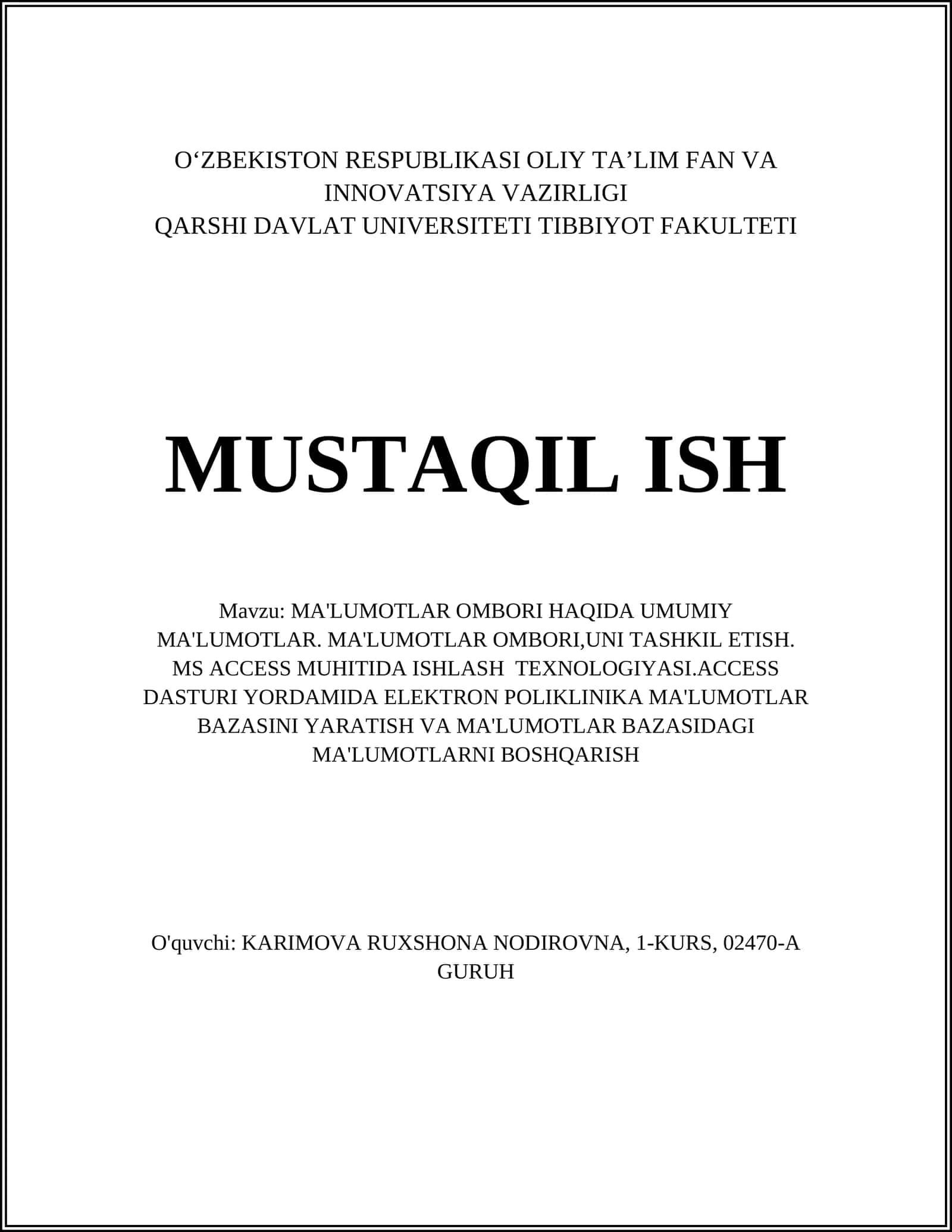 MA'LUMOTLAR OMBORI HAQIDA UMUMIY MA'LUMOTLAR