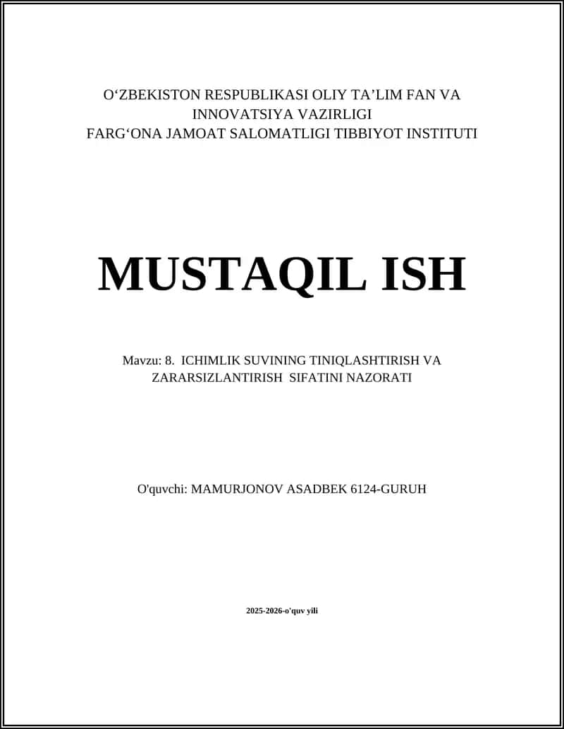 Ichimlik suvini tiniqlash va tozalash usullari
