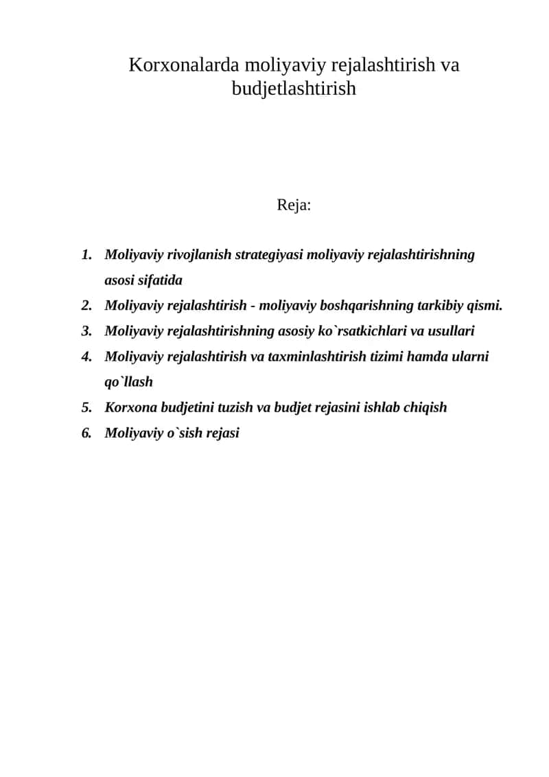 Korxonalarda moliyaviy rejalashtirish va budjetlashtirish