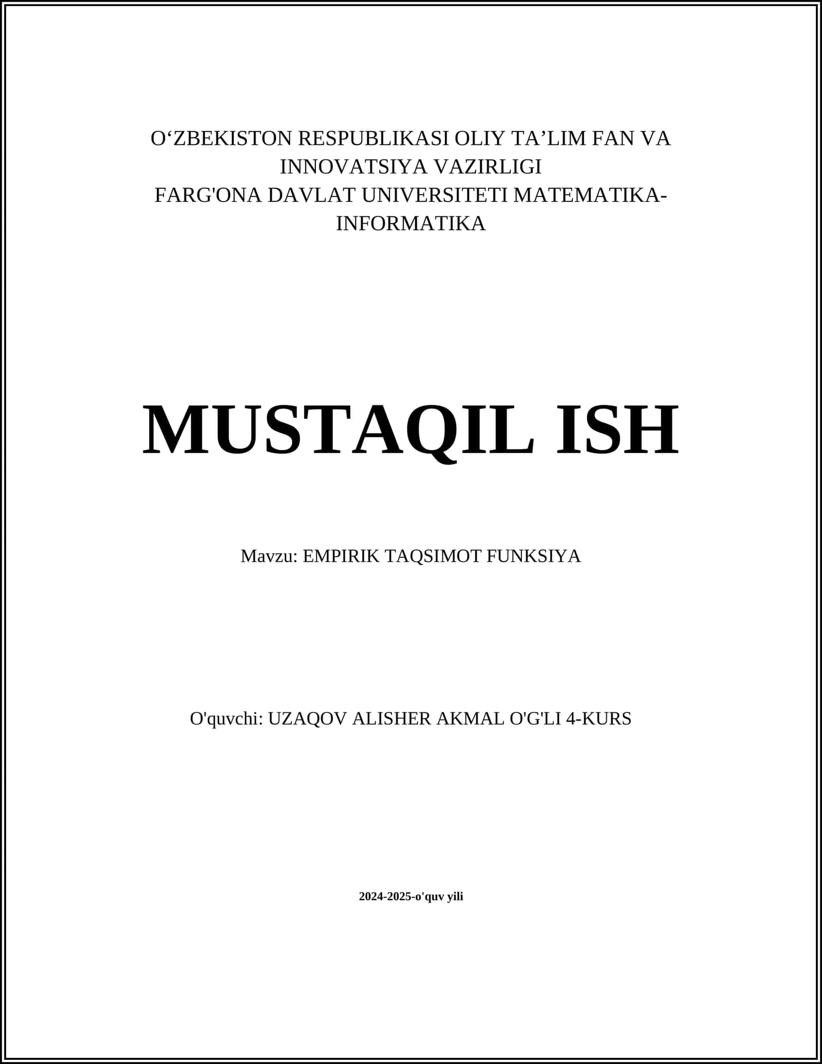 MUSTAQIL ISH Mavzu: EMPIRIK TAQSIMOT FUNKSIYA