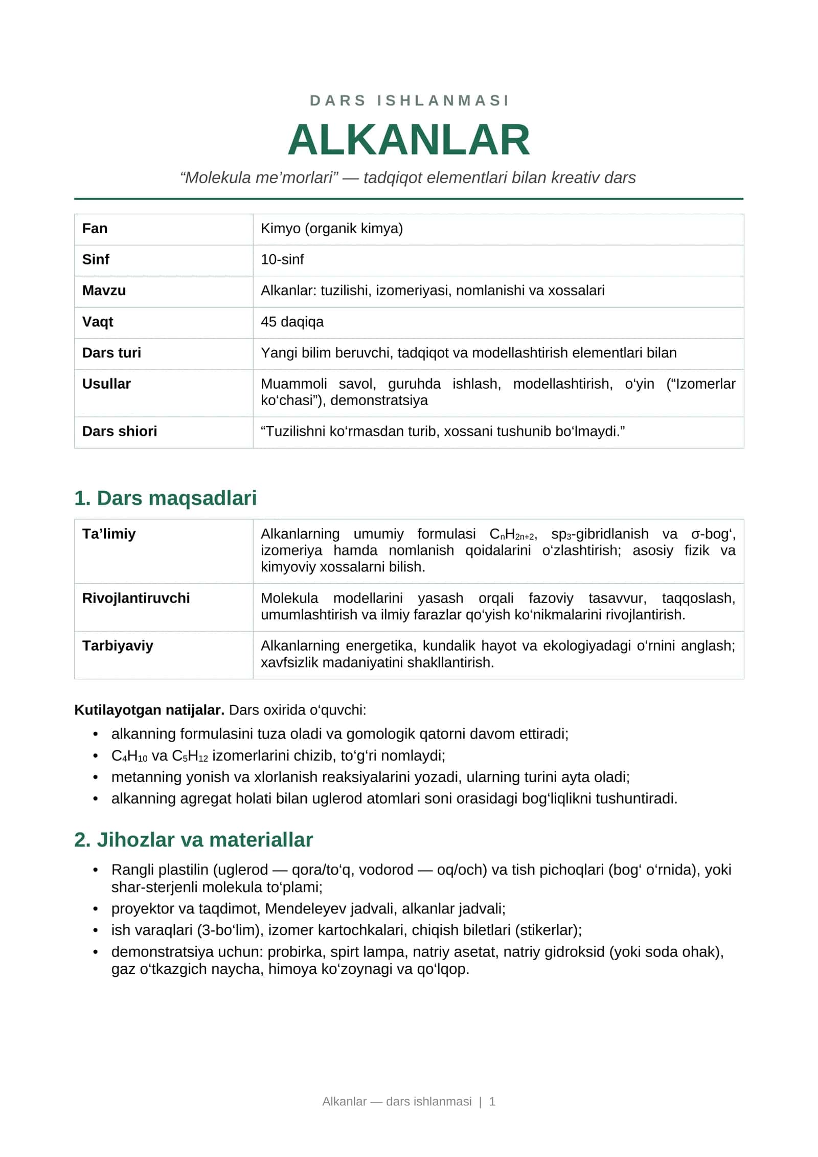 Alkanlar Dars Ishlanma 2026