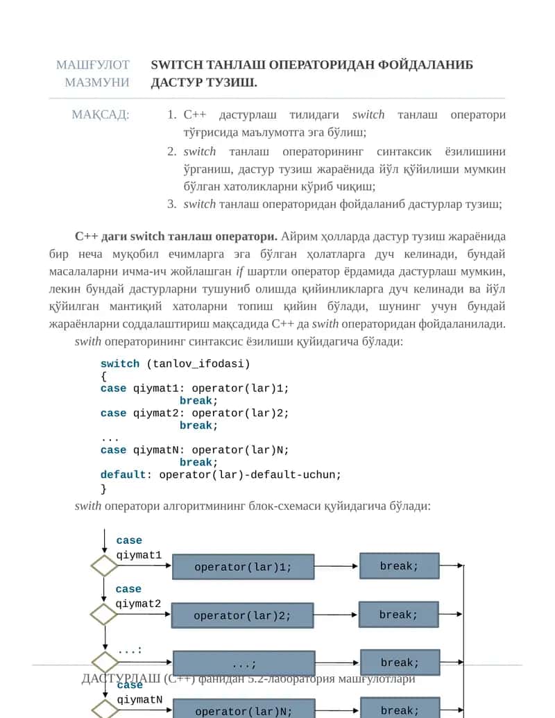 Switch танлаш операторидан фойдаланиб дастур тузиш.