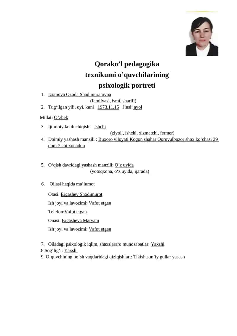 Qorako’l pedagogika texnikumi o’quvchilarining psixologik portreti