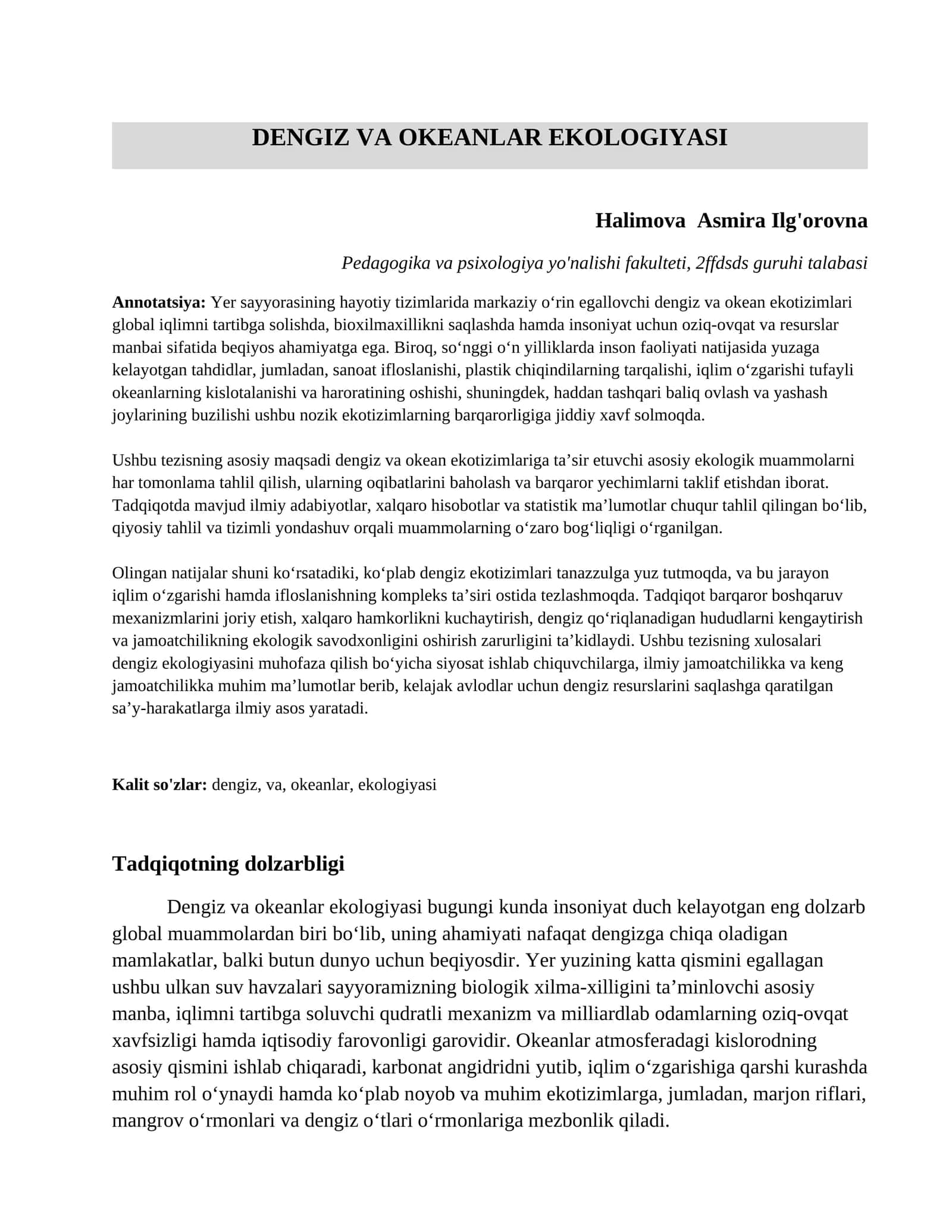Dengiz va okeanlar ekologiyasi