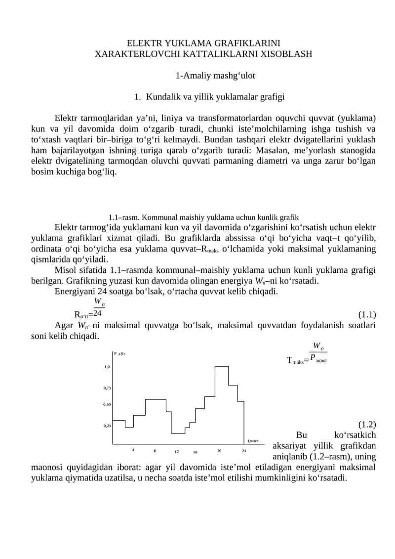 Elektr yuklama grafiklarini Xarakterlochi Kattaliklarni Xisoblash