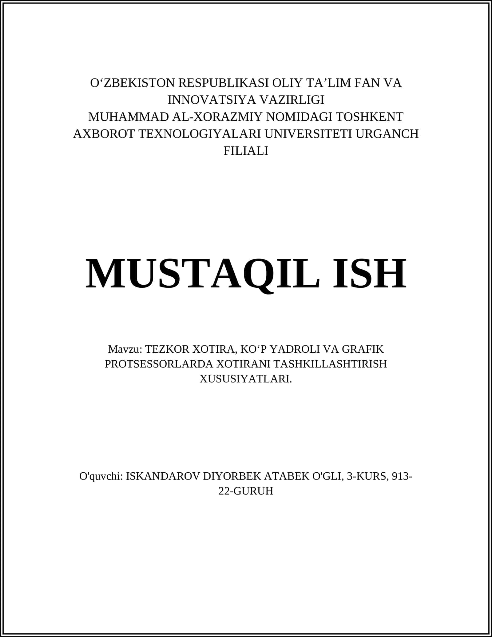 TEZKOR XOTIRA, KO‘P YADROLI VA GRAFIK PROTSESSORLARDA XOTIRANI TASHKILLASHTIRISH