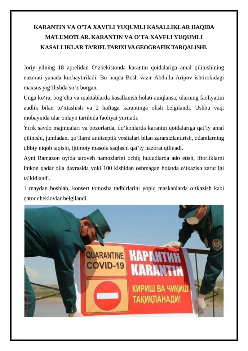 Karantin va O'ta xavfli yuqumli kasalliklar haqida ma'lumotlar