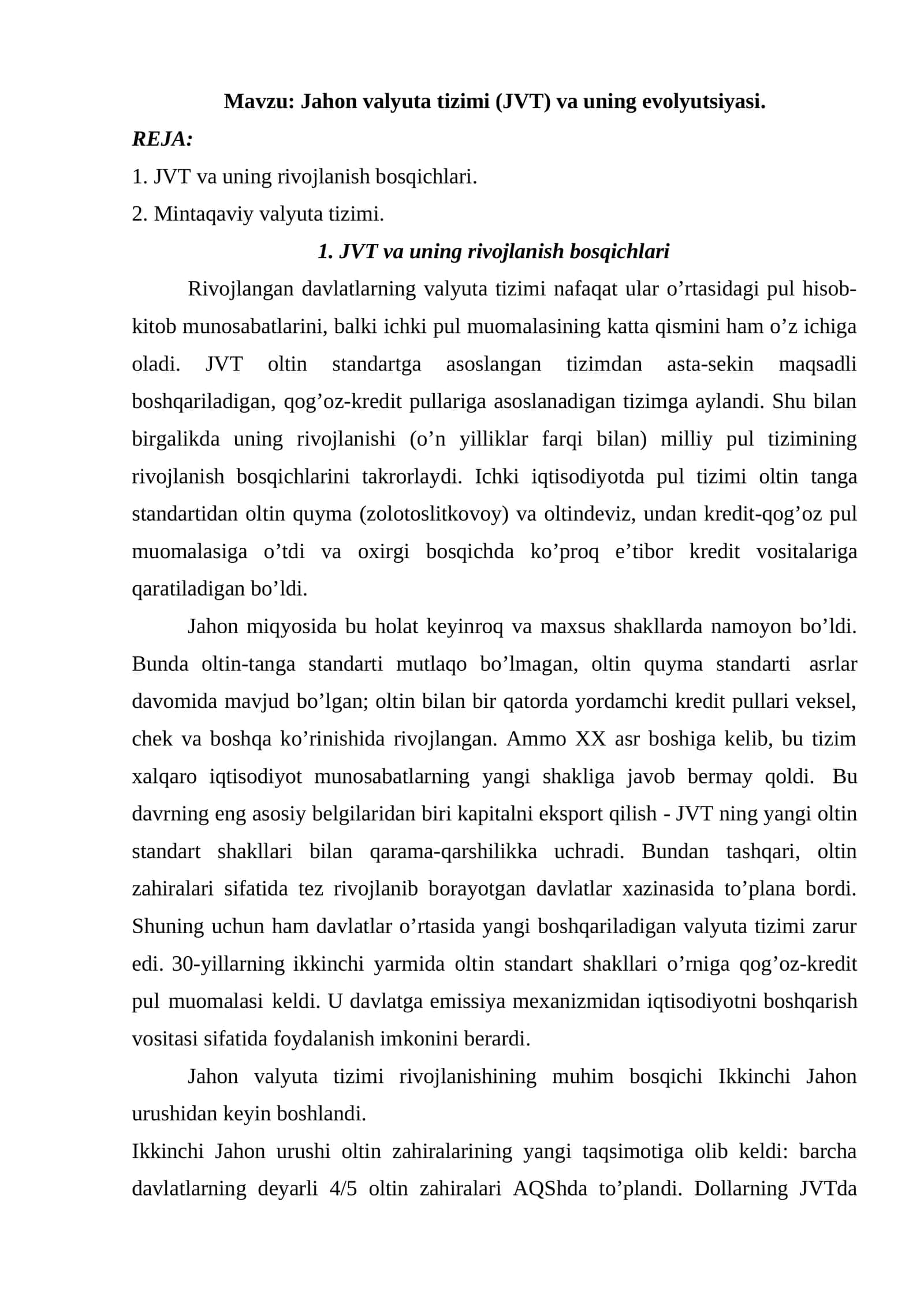 Jahon valyuta tizimi (JVT) va uning evolyutsiyasi