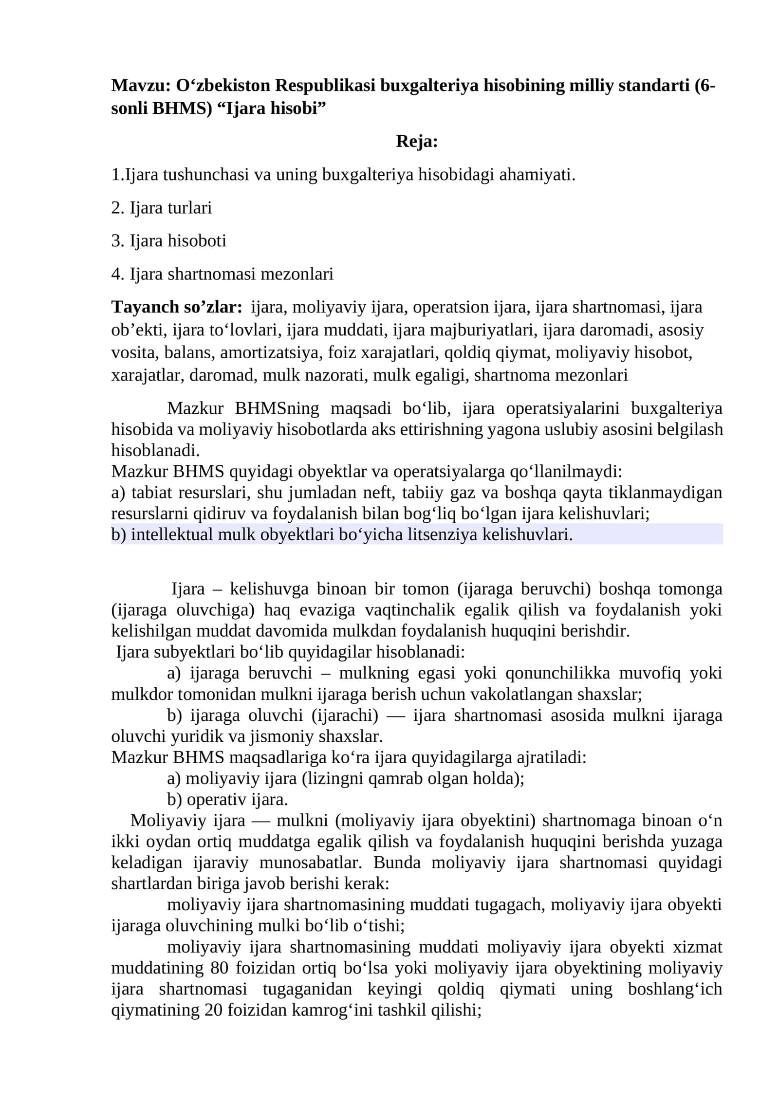 O‘zbekiston Respublikasi buxgalteriya hisobining milliy standarti (6-sonli BHMS) “Ijara hisobi”