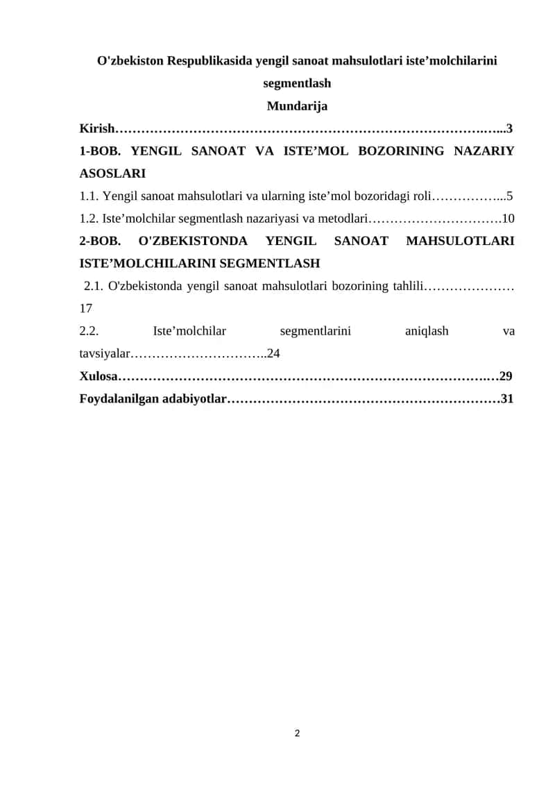 O'zbekiston Respublikasida yengil sanoat mahsulotlari iste’molchilarini segmentlash