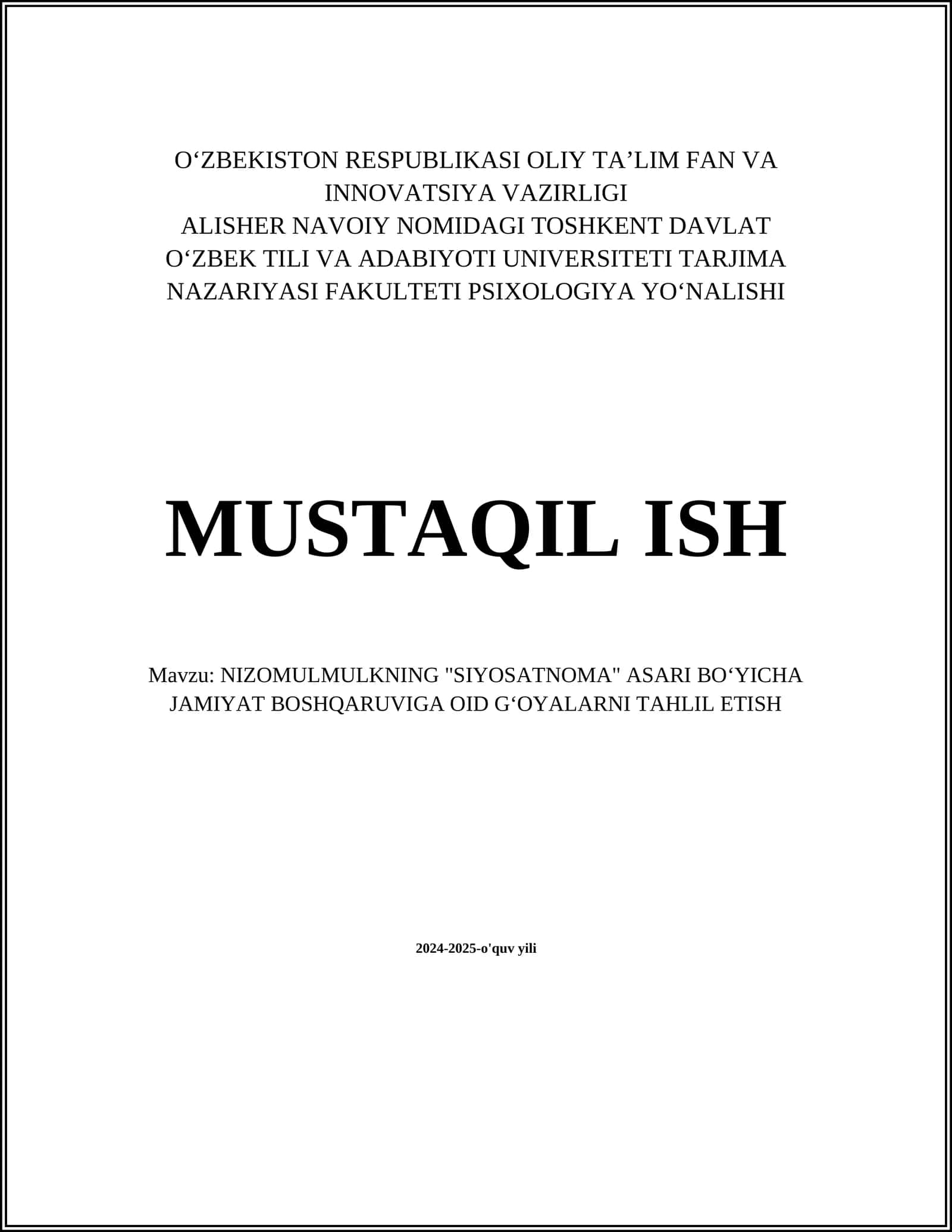 NIZOMULMULKNING "SIYOSATNOMA" ASARI BOʻYICHA JAMIYAT BOSHQARUVIGA OID GʻOYALARNI TAHLIL ETISH