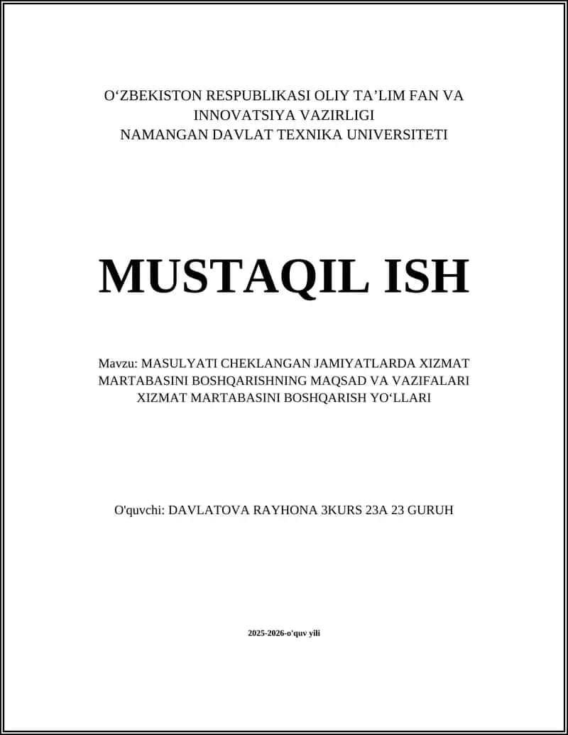 MASULYATI CHEKLANGAN JAMIYATLARDA XIZMAT MARTABASINI BOSHQARISHNING MAQSAD VA VAZIFALARI XIZMAT MARTABASINI BOSHQARISH YOʻLLARI