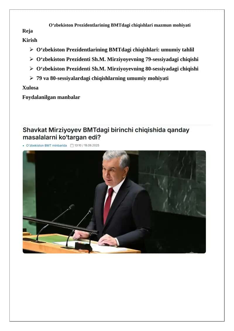 O‘zbekiston Prezidentlarining BMTdagi chiqishlari mazmun mohiyati