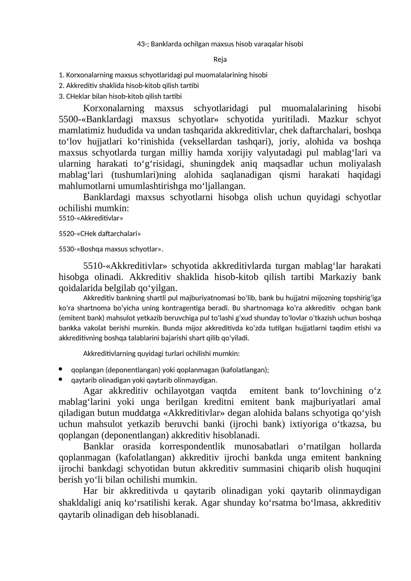 Banklarda ochilgan maxsus hisob varaqalar hisobi