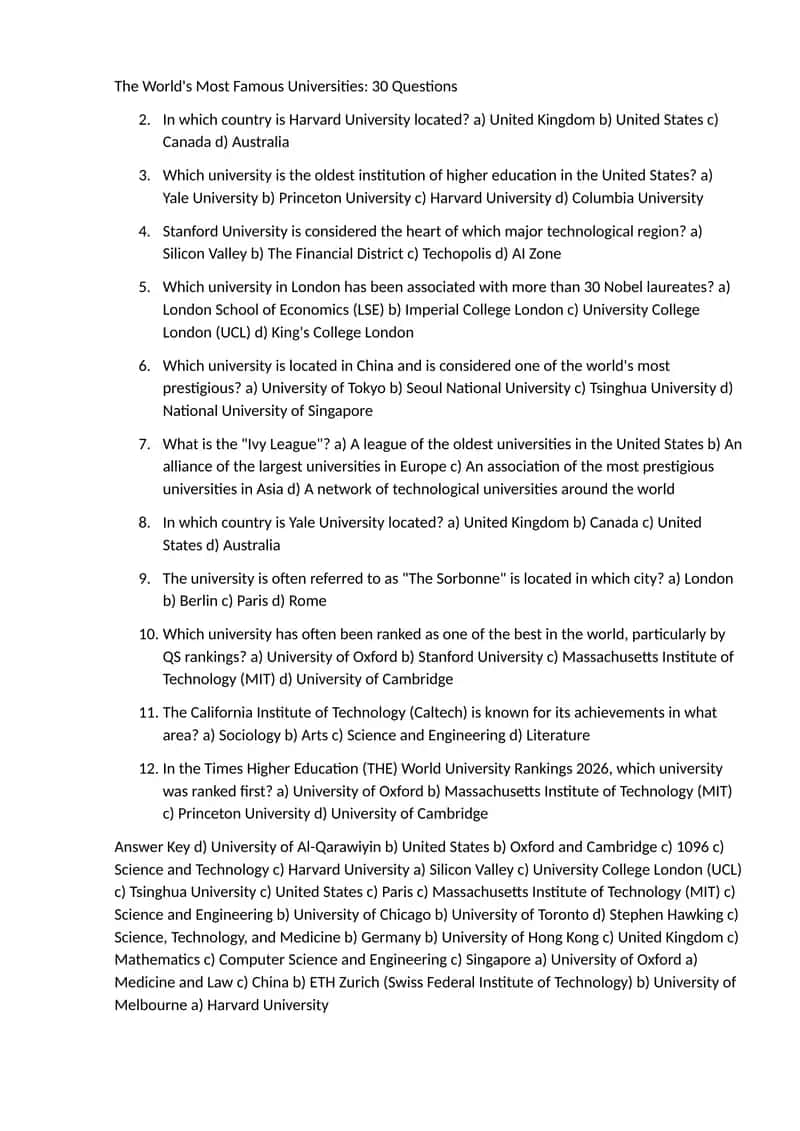 The World's Most Famous Universities: 30 Questions