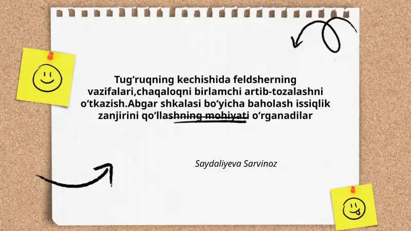 Tugʻruqning kechishida feldsherning vazifalari,chaqaloqni birlamchi artib-tozalashni oʻtkazish