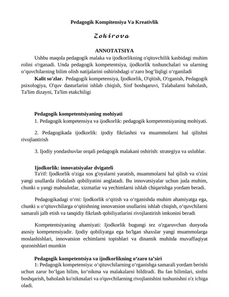 Pedagogik Kompitensiya Va Kreativlik