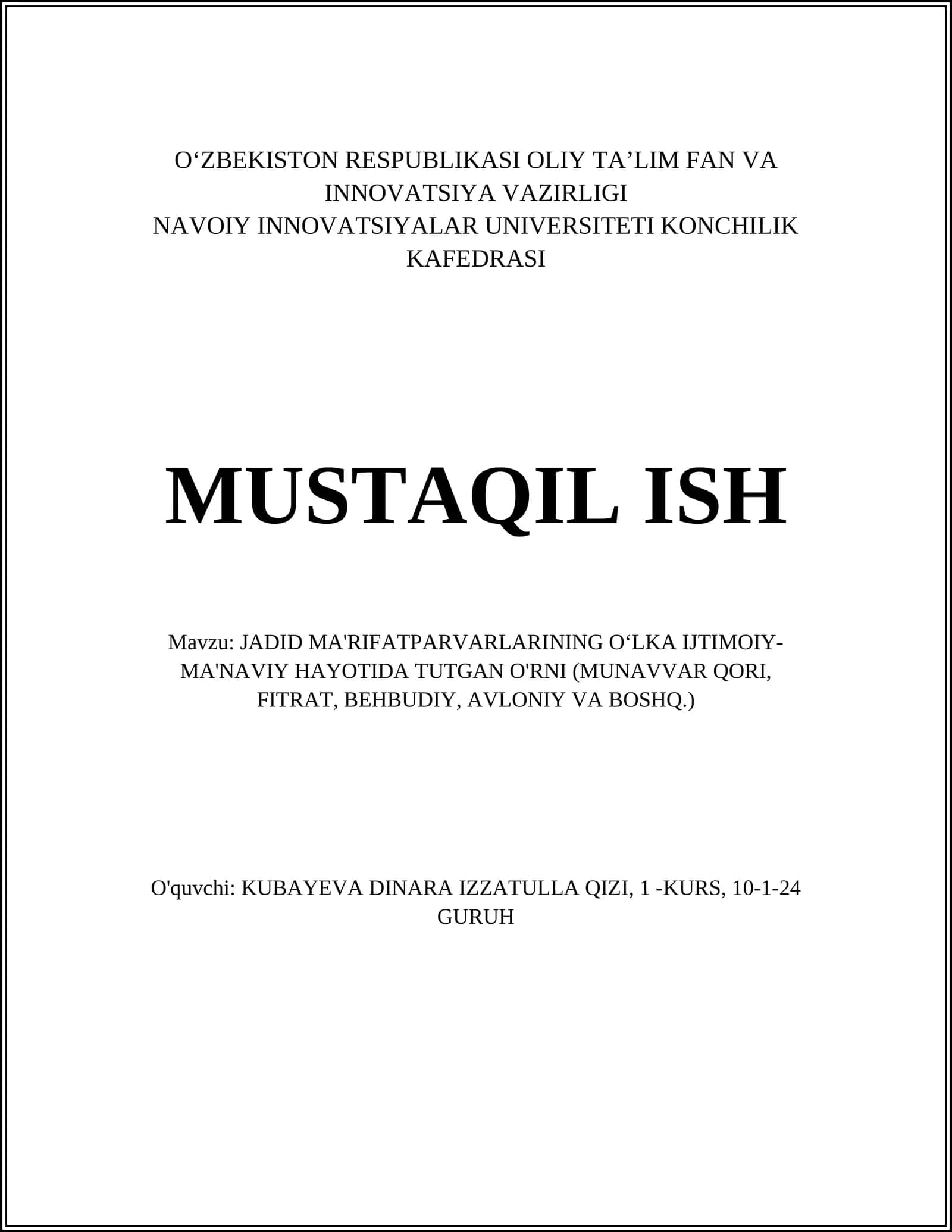 JADID MA'RIFATPARVARLARINING OʻLKA IJTIMOIY-MA'NAVIY HAYOTIDA TUTGAN O'RNI (MUNAVVAR QORI, FITRAT, BEHBUDIY, AVLONIY VA BOSHQ.)