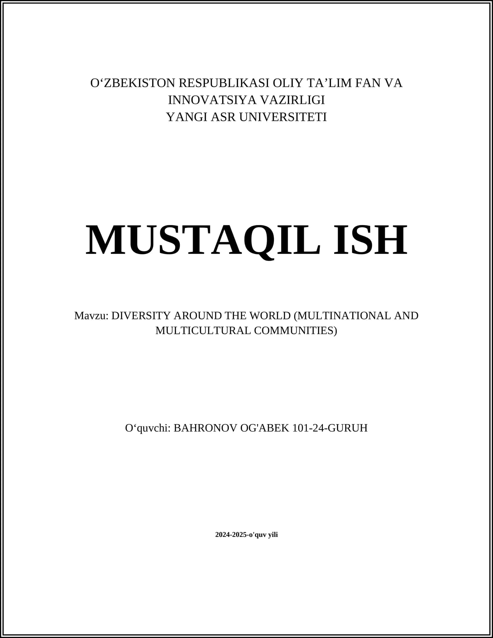 DIVERSITY AROUND THE WORLD (MULTINATIONAL AND MULTICULTURAL COMMUNITIES)