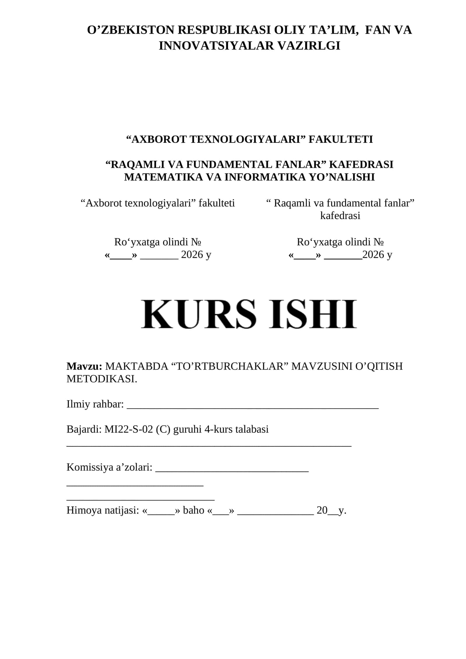 MAKTABDA “TO’RTBURCHAKLAR” MAVZUSINI O’QITISH METODIKASI