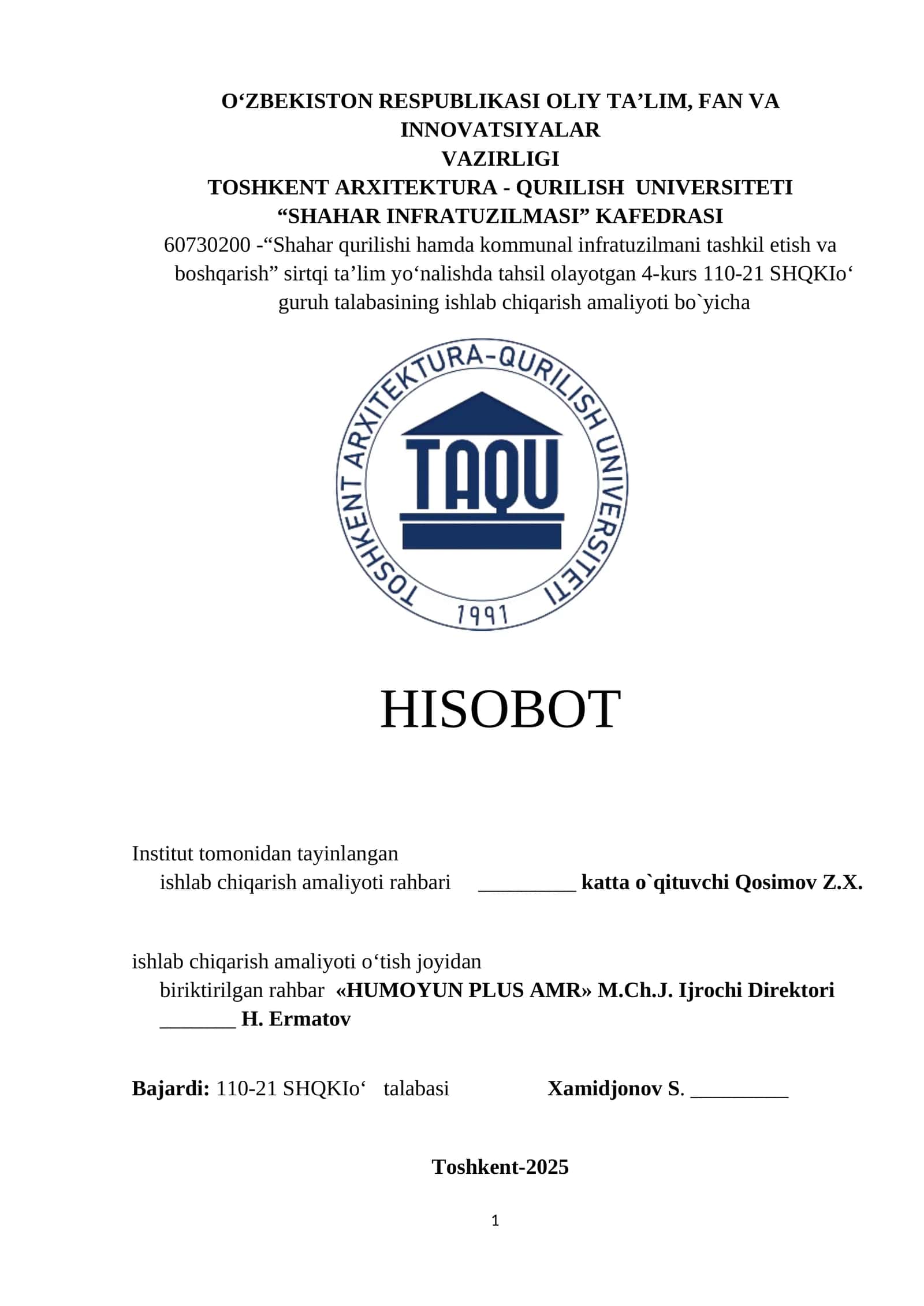 Shahar qurilishi hamda kommunal infratuzilmani tashkil etish va boshqarish mavzusida tayyor kurs ishi