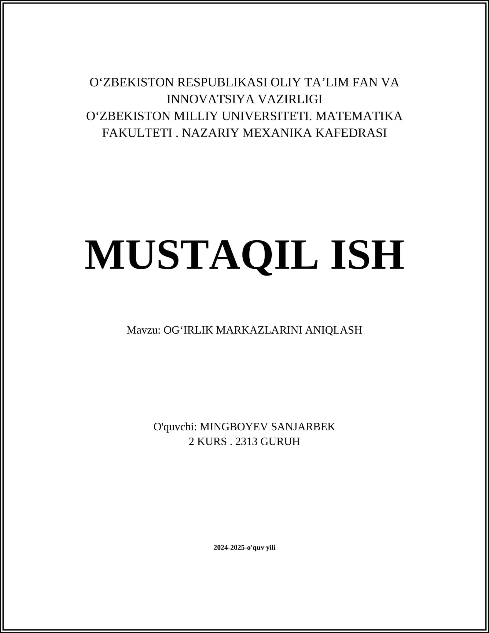 OGʻIRLIK MARKAZLARINI ANIQLASH