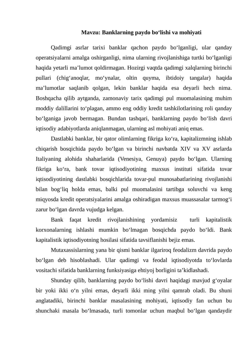 Banklarning paydo bo‘lishi va mohiyati