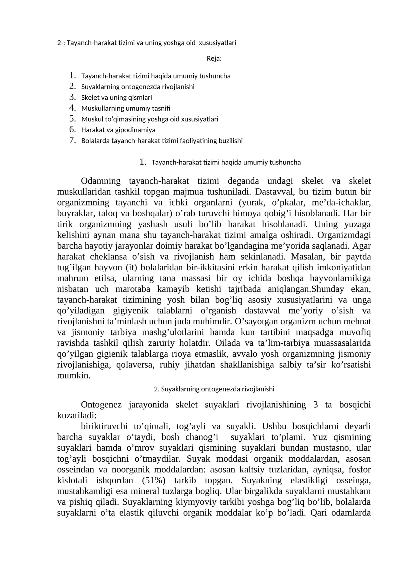Tayanch-harakat tizimi va uning yoshga oid xususiyatlari