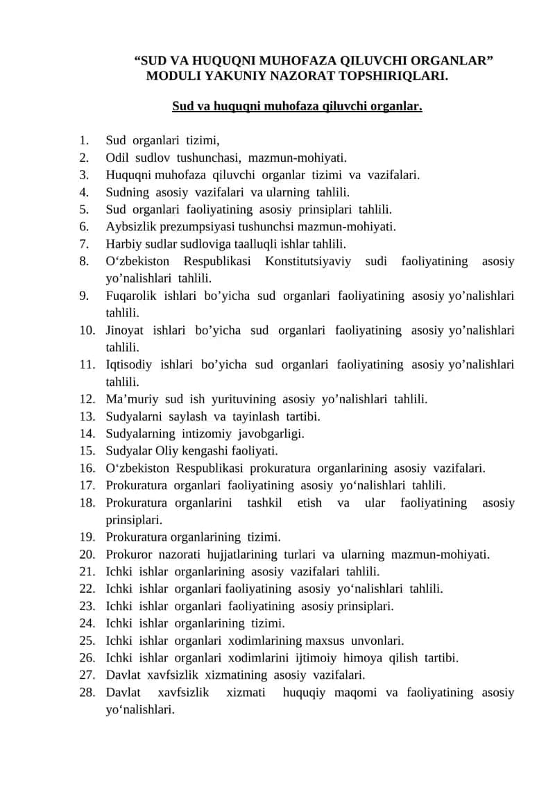 SUD VA HUQUQNI MUHOFAZA QILUVCHI ORGANLAR MODULI YAKUNIY NAZORAT TOPSHIRIQLARI