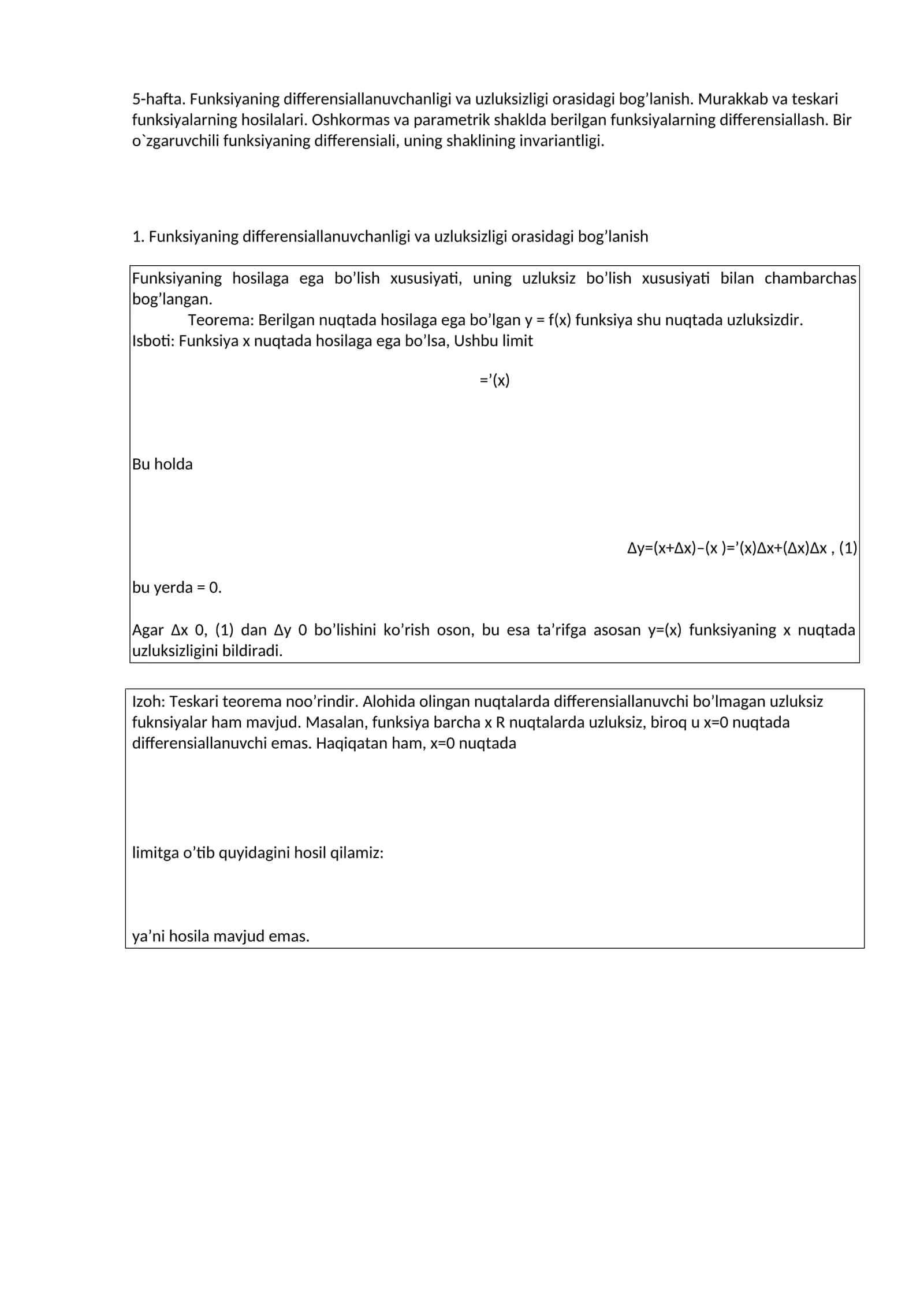 Funksiyaning differensiallanuvchanligi va uzluksizligi orasidagi bog’lanish